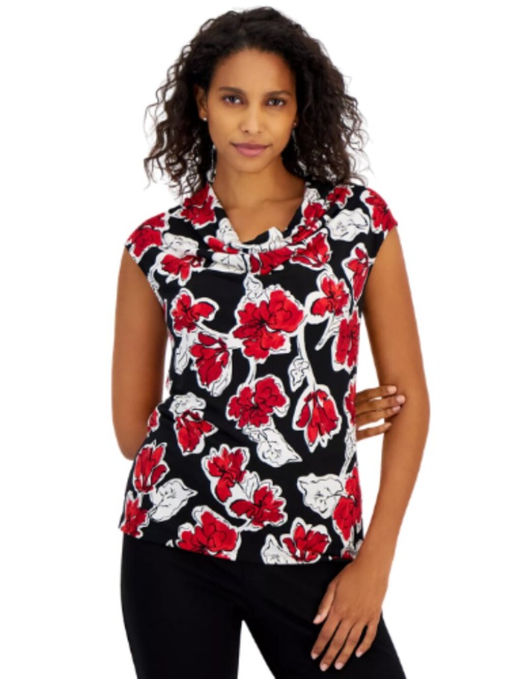 Kasper Red Black Floral Cowl Neck Jersey Blouse Top Size XL